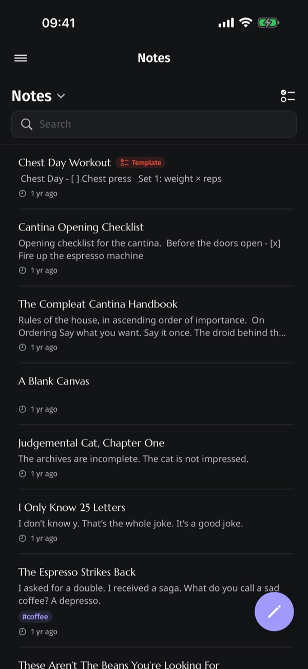 Toplin's note library in dark mode, with folders and tags in the sidebar