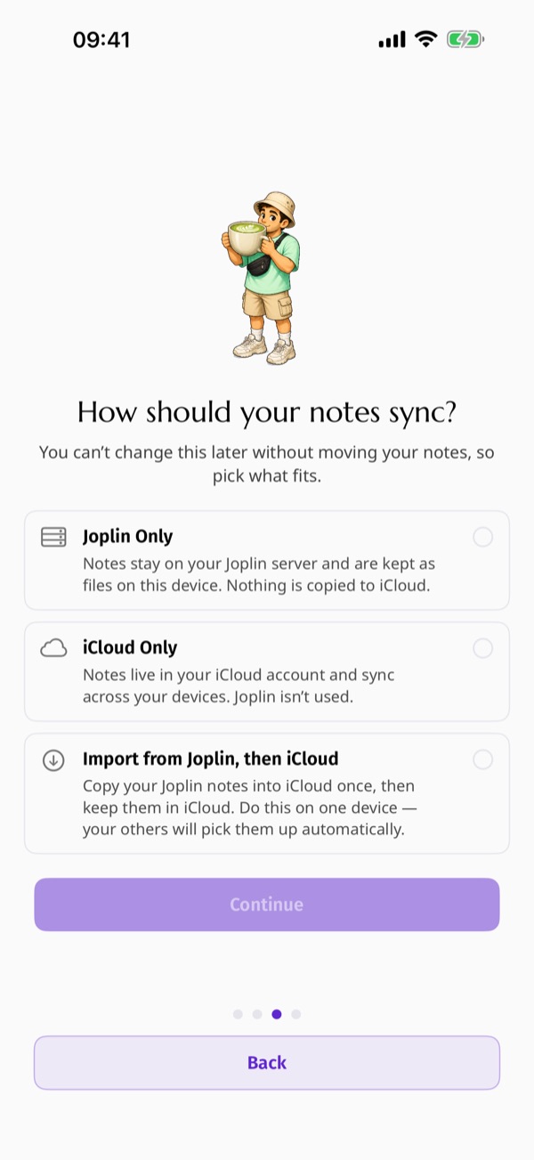 Toplin's onboarding, offering Joplin sync, iCloud sync or a one-off import