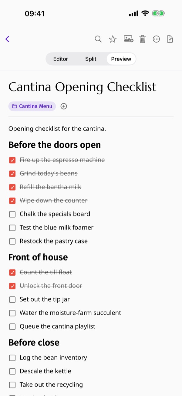 A Toplin note with a checklist, some items ticked off